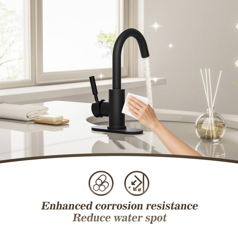 Phiestina Single Hole Matte Black Single-Handle High-Arc Stainless Steel Faucet for Pre-Kitchen Sink/Bar Sink/Bathroom Sink, with 4 Inch Deck Plate and Supply Hoses, Matte Black, WE08E-MB - Image 4